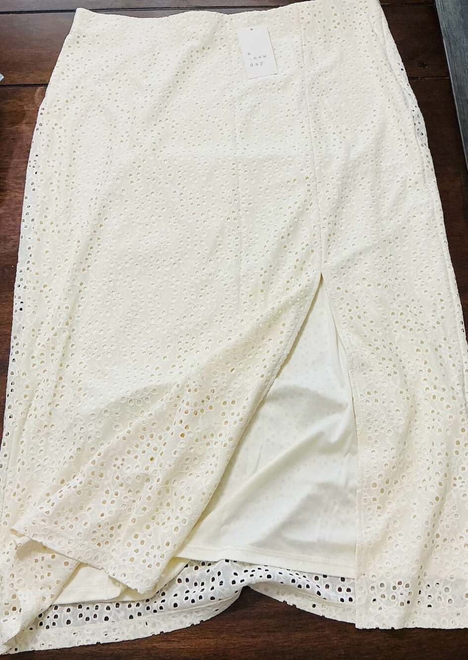A New Day Women's Cream Eyelet Midi Skirt with Front Slit Size 14